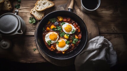 Shakshuka with three eggs in rich tomato and pepper sauce, served in a cast iron skillet. Rustic wooden table setting with bread and yogurt. Top-down view, dark and moody food photography.