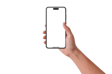 Hand holding smartphone with blank screen isolated on transparent background.