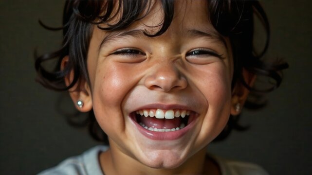 Close-up of a joyful child laughing with missing teeth on dark background.