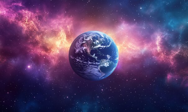 Earth in cosmic space surrounded by colorful nebula and stars