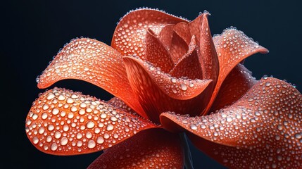 Fototapeta premium Dew-kissed orange rose, close-up, dark background, floral design