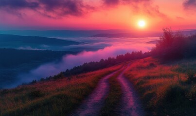 Fototapeta premium Stunning sunset over misty valley with winding path and vibrant colors