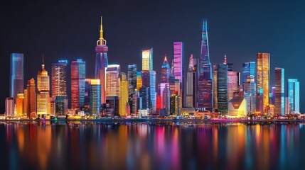 Fototapeta premium Vibrant city skyline at night, reflecting on water