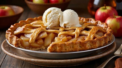 Classic apple pie with flaky crust and vanilla ice cream served warm