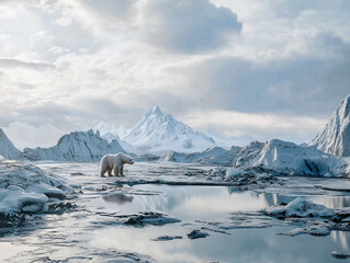In a stunning Arctic landscape, a solitary polar bear traverses melting ice under a cloudy sky. The scene emphasizes the urgent reality of climate change and its effects on wildlife
