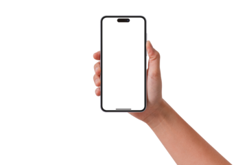 Hand holding smartphone with blank screen isolated on transparent background.