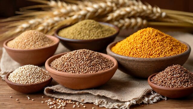 Assortment of ancient grains in rustic clay bowls on coarse linen with dried wheat