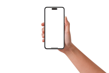 Hand holding smartphone with blank screen isolated on transparent background.