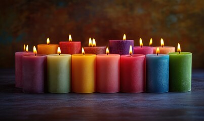 Colorful candles arranged in a vibrant display with warm glowing flames