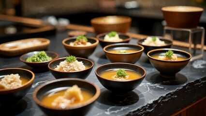 Artisanal fermentation bar featuring miso soup shots with house-made ingredients in a sleek Japanese-inspired decor