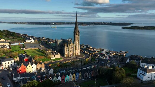 drone view of Irish town of Cobh, Cork county, Ireland, travel and tourism in Ireland, gothic cathedral in Ireland 