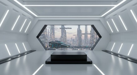 Obraz premium Futuristic product display podium inside a high-tech building with city skyline view