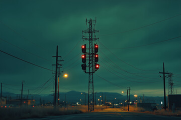 Dark sky illuminates a cell tower sending radio signals at twilight