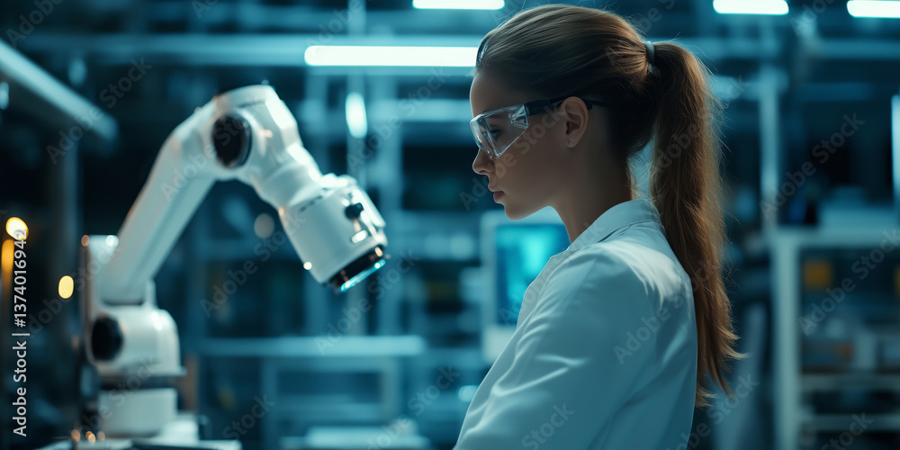 Poster female industrial engineer working with factory robotic systems