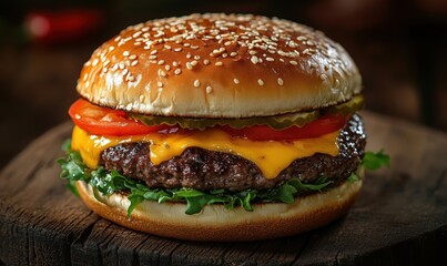Juicy cheeseburger with sesame seed bun, fresh lettuce, tomato, and pickles