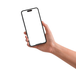 Hand holding smartphone with blank screen isolated on transparent background.