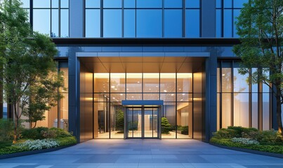 Obraz premium Modern commercial building entrance with glass facade and landscaped surroundings