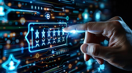 Close-up of a digital hand clicking a glowing five-star rating, symbolizing top-level feedback or review.

