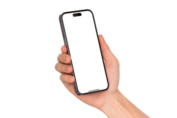 Hand holding smartphone with blank screen isolated on transparent background.
