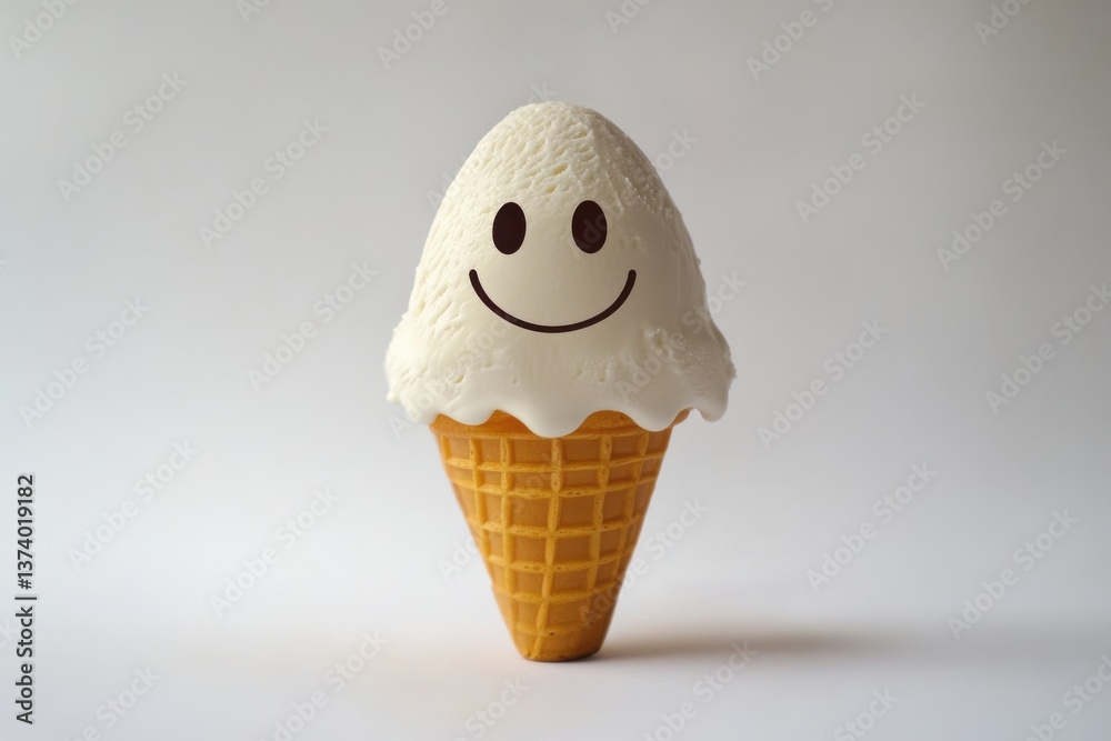 Poster Happy ice cream cone with smiling face against a plain background