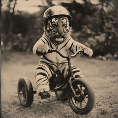 Naklejka premium sepia photo tiger on tricycle