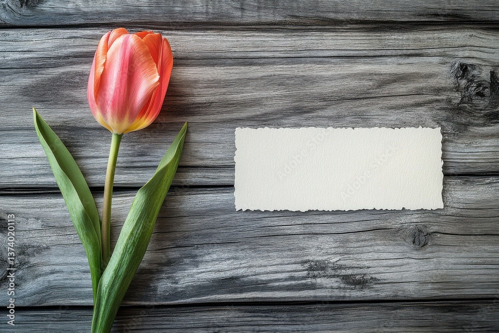 Poster elegant tulip on wooden surface with blank card for personal notes or invitations in a serene settin