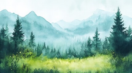 Misty Mountain Meadow Watercolor Landscape