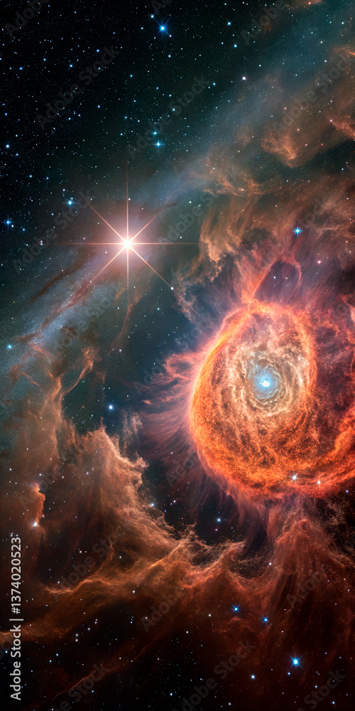 Wall mural a glowing core encircled by fiery swirls and dusty flows in a nebula.