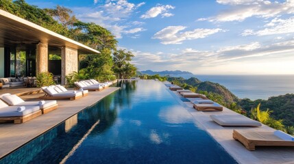 Fototapeta premium Oceanfront infinity pool, luxury resort, sunset, Costa Rica, travel