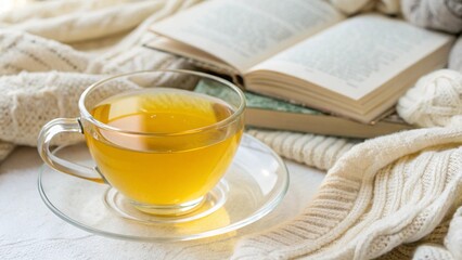Pure Comfort: A clear glass teacup filled with warm chamomile tea, its bright yellow color standing out against the white saucer, with a cozy background of soft blankets and a good book