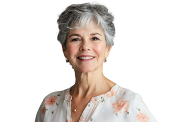 Smiling older woman with short gray hair in floral blouse, isolated on transparent background