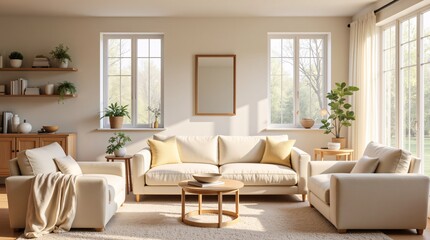 Serene Sunlight Bathes Cozy Living Space Creamy Sofa Yellow Pillows Natural Light Floods Room Plants Add Life Wooden Accents Create Warm Inviting Atmosphere