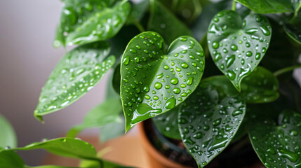 Close-up photograph of Philodendron Fox leaves with water droplets, perfect for nature-inspired decoration and interior design projects.

