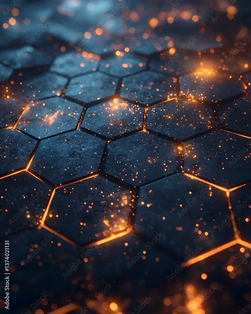 Poster futuristic abstract hexagonal grid with glowing lines in a dark space like setting