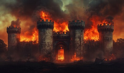 Fototapeta premium Burning medieval castle engulfed in flames with dramatic sky and smoke