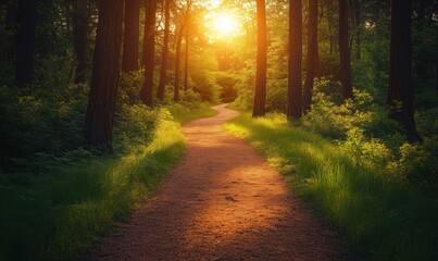 Obraz premium Serene forest path illuminated by golden sunset light through trees