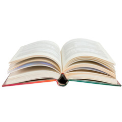 Open Book with Pages Flipping in Warm Light on a White Background and Soft Shadows