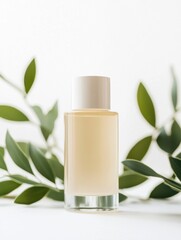 Small glass bottle with a white cap. the bottle is cylindrical in shape and has a transparent body. it is placed on a white surface with a few green leaves scattered around it.
