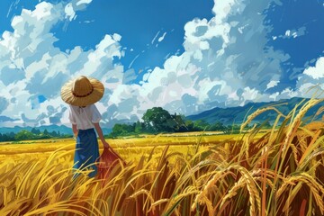 Fototapeta premium Rice harvesting season agriculture outdoors summer.
