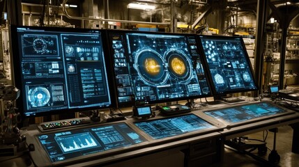 Obraz premium Control room monitors data; industrial background