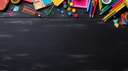 Colorful school supplies moving along the bottom border, with a black background and top text space.

