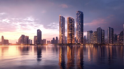 Fototapeta premium wide shot, modern city skyscrapers skyline on dawn, realistic 