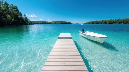 This tranquil lake scene features a wooden dock and a white boat floating gently on clear turquoise water, surrounded by lush green trees and a bright blue sky.