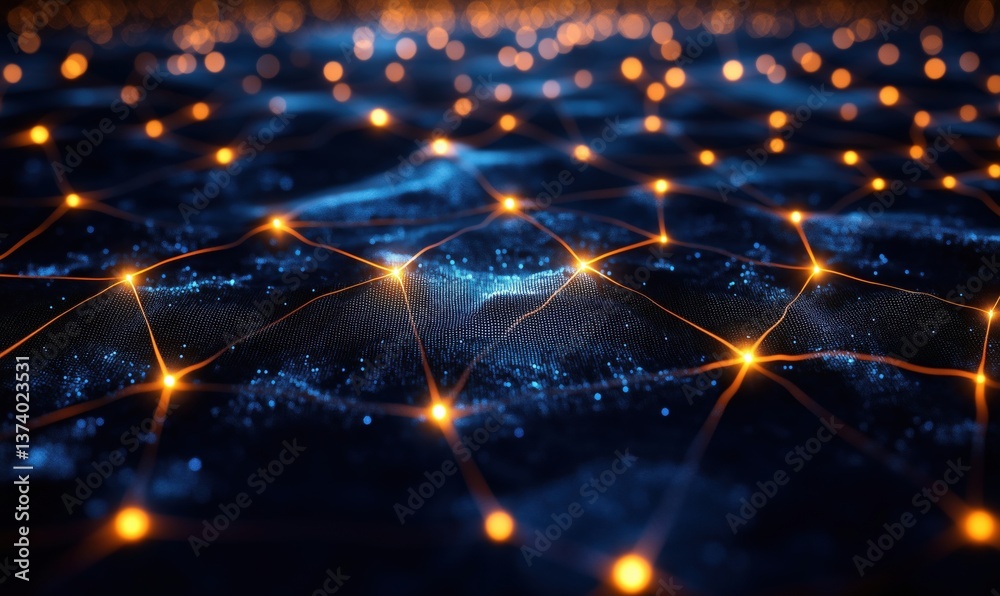 Poster Abstract digital network with glowing nodes and interconnected lines on dark background