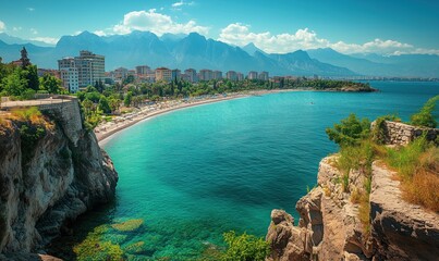 Obraz premium Stunning coastal view of Antalya with turquoise waters and mountain backdrop