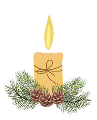 Christmas composition with Candle, fir branches and pine corns. Xmas, winter holiday decoration. Decorative ornamental advent composition. Flat vector illustration isolated on white background