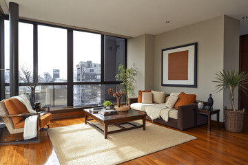 Modern living room with city view and natural light in urban apartment setting