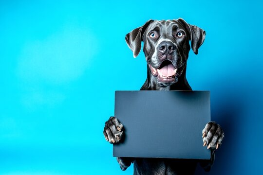 Animal concept for ad. Dog ad poster. Isolated hound on a solid outfit blue background. Mockup pose in studio. &ETH;&iexcl;ute dog great dane hold in front paws a prototype - large dark black lane sig.
