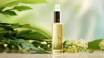 A cosmetic essence in a glass bottle with a pipette, elegantly displayed on a beige background.

