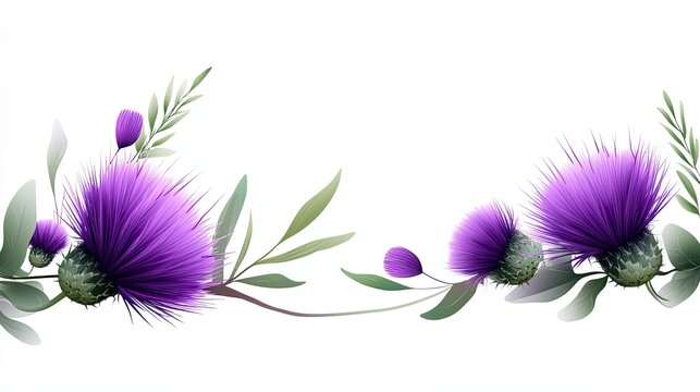 Elegant thistle border featuring vibrant purple thistles and soft greenery, ideal for botanical-themed designs or artistic nature illustrations.